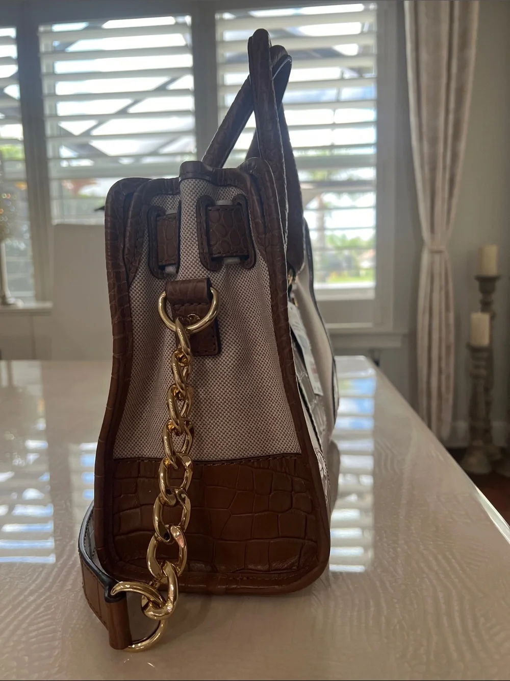 Michael Kors Brown and Cream Croc-Trim Satchel with Gold Hardware